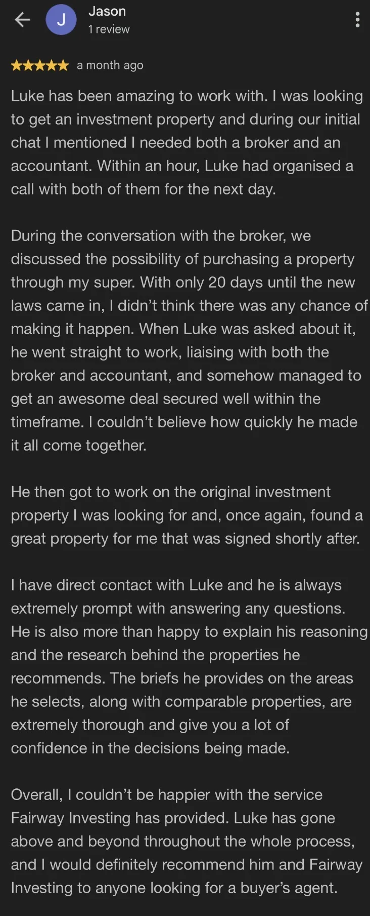Five-star Google review